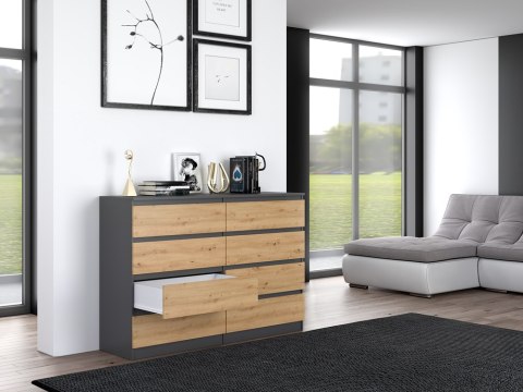 NOWOCZESNA KOMODA 8 SZUFLAD 140 CM ANTRACYT / DĄB ARTISAN NOWOCZESNA KOMODA 8 SZUFLAD 140 CM ANTRACYT / DĄB ARTISAN