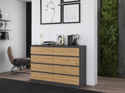 NOWOCZESNA KOMODA 8 SZUFLAD 140 CM ANTRACYT / DĄB ARTISAN NOWOCZESNA KOMODA 8 SZUFLAD 140 CM ANTRACYT / DĄB ARTISAN
