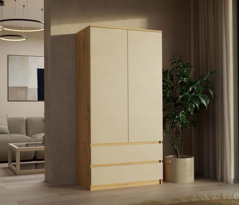 SZAFA MALWA GARDEROBA 90CM 2 SZAUFLADY PÓŁKI DRĄŻEK KASZMIR / DĄB ARTISAN