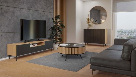 NNOWOCZESNA SZAFKA RTV KAMA 160 SLIM LAMELE DĄB ARTISAN / CZARNY MAT