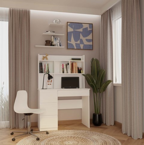 BIURKO KOMPUTEROWE MIJAS LEWE Z NADSTAWKĄ SZUFLADY PÓŁKI BIAŁY MAT