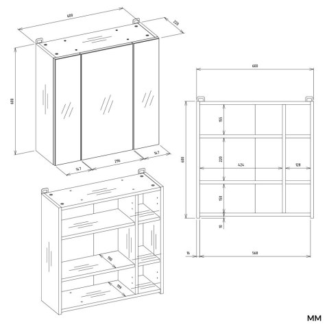 WISZĄCA SZAFKA ŁAZIENKOWA POLA NAD UMYWALKĘ 3 LUSTRA 3 DRZWI BIAŁY MAT